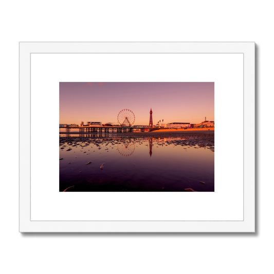 Blackpool Tower and Central Pier with beach reflections at sunset. Framed & Mounted Print