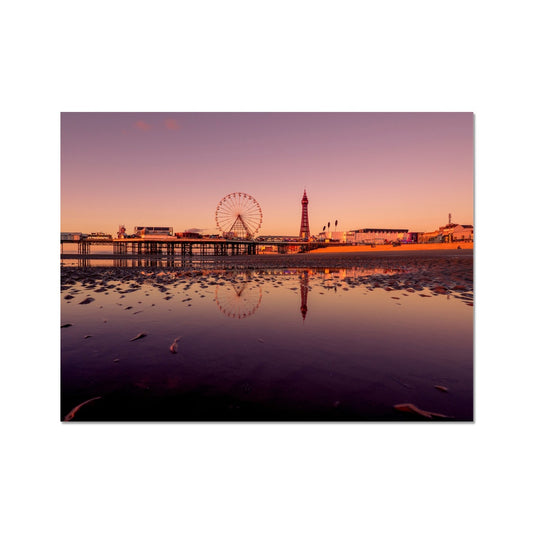 Blackpool Tower and Central Pier with beach reflections at sunset. Fine Art Print