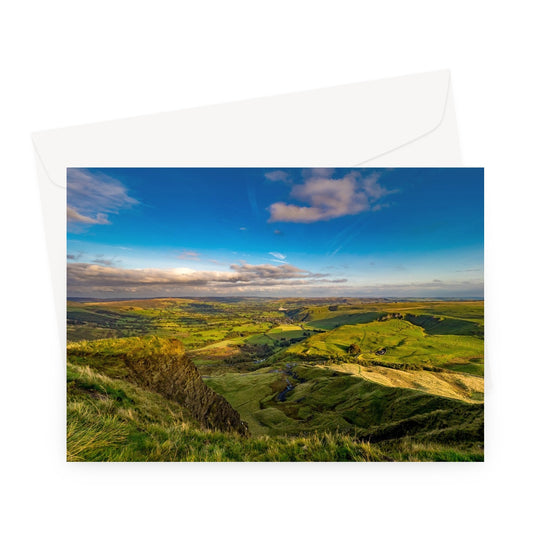 View from summit of Mam Tor  Castleton and Hope Valley, Peak District, UK. Greeting Card