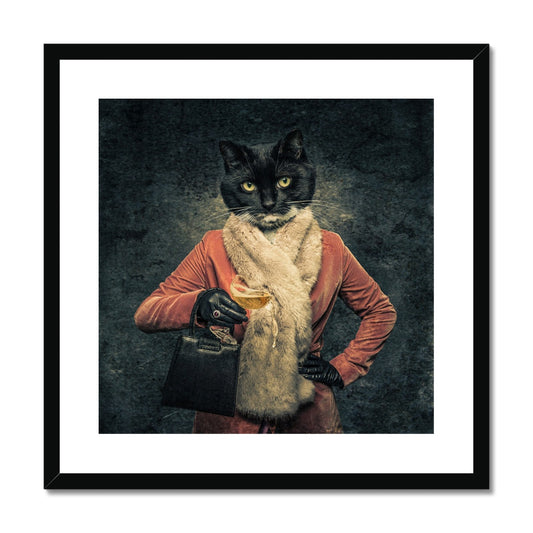 Anthropomorphic cat spilling drink from champagne coupe Framed & Mounted Print