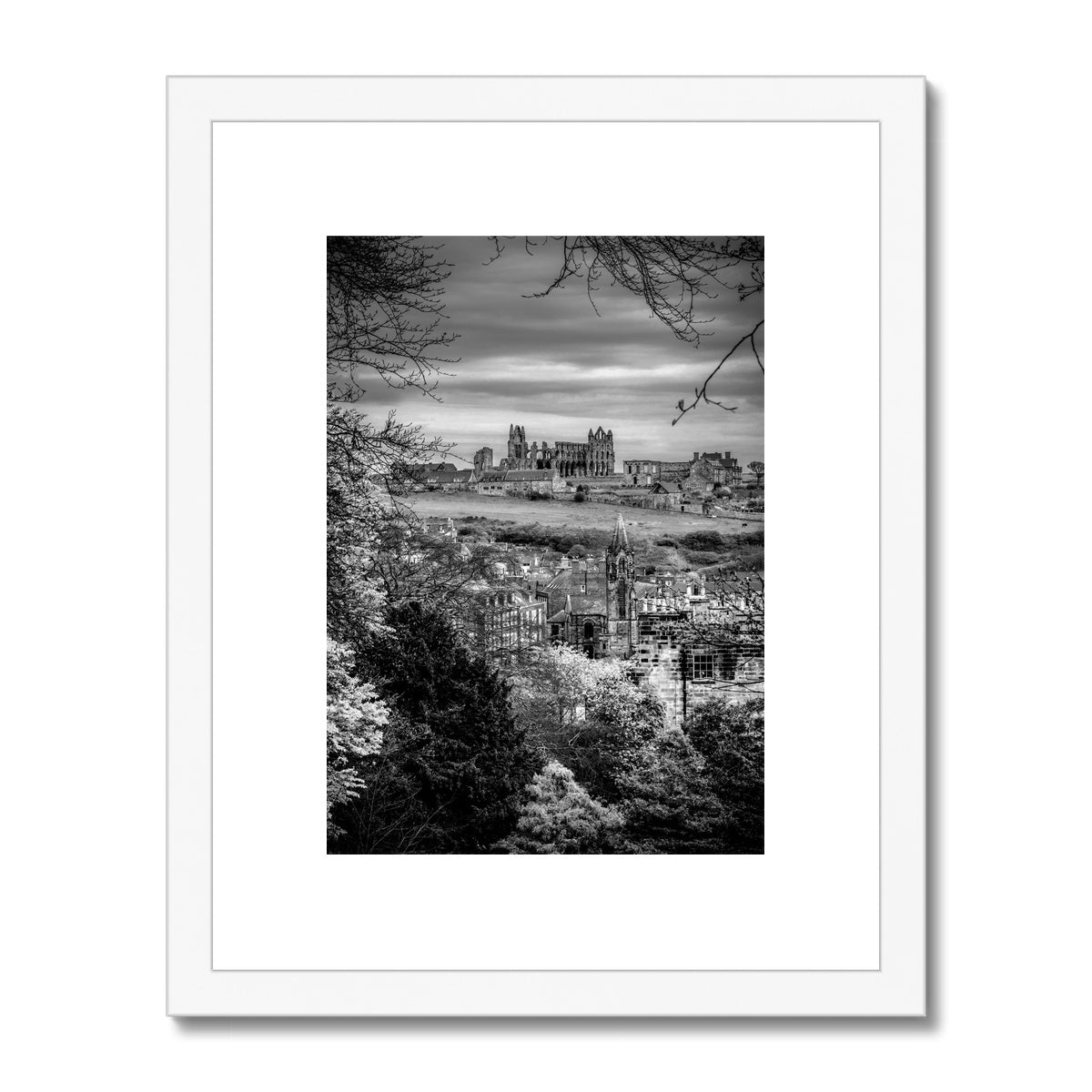 Whitby Abbey viewed from Pannett Gardens, Whitby, UK. Framed & Mounted Print