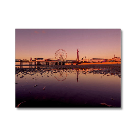 Blackpool Tower and Central Pier with beach reflections at sunset. Canvas