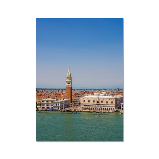 Aerial view of  Doges Palace and the bell tower of St Marks basilica, St Marks Basin, Venice. Italy. Fine Art Print