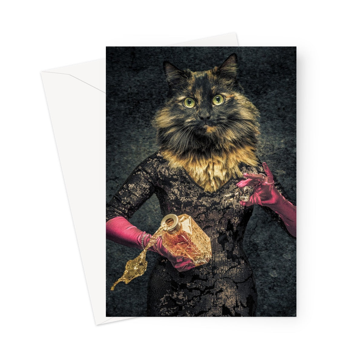 Anthropomorphic cat spilling drink from decanter Greeting Card