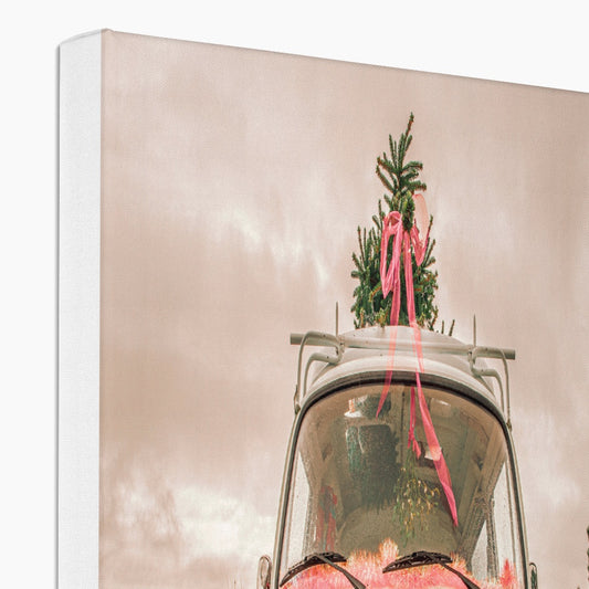 1972 VW Bay Window Campervan parked with with Christmas tree on roof. Canvas