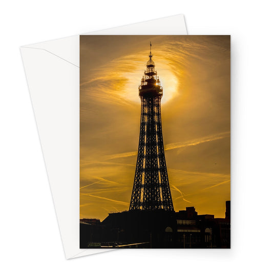Blackpool Tower silhouetted against morning sunlight. UK. Greeting Card