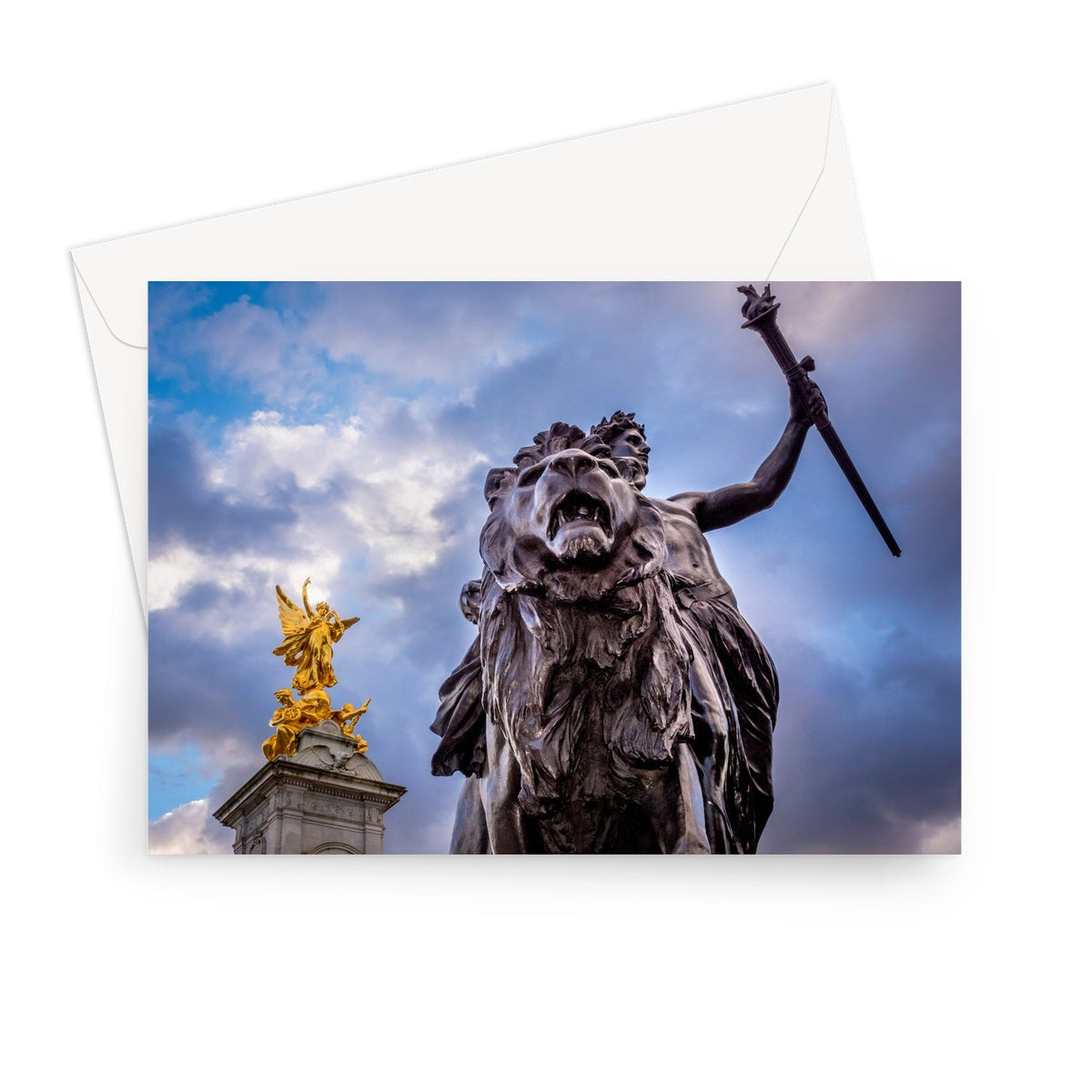 Gilded Winged Victory at the top of the Victoria Memorial and Progress bronze statue at base, London. Greeting Card