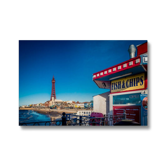 FISH AND CHIPS sign on Central Pier and Blackpool Tower. Canvas