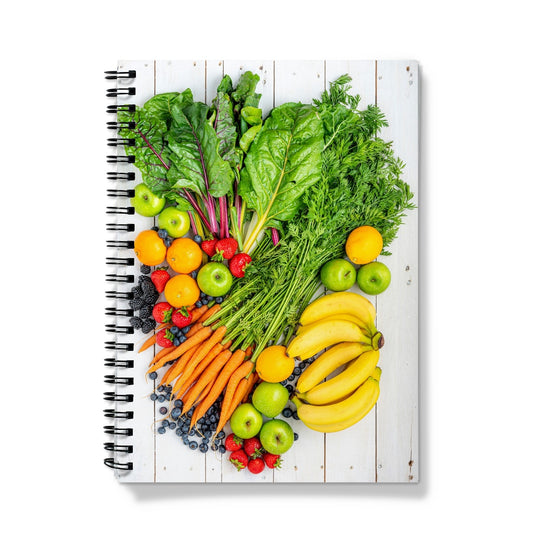 Flat lay of fresh fruit and vegetables on a modern rustic background Notebook