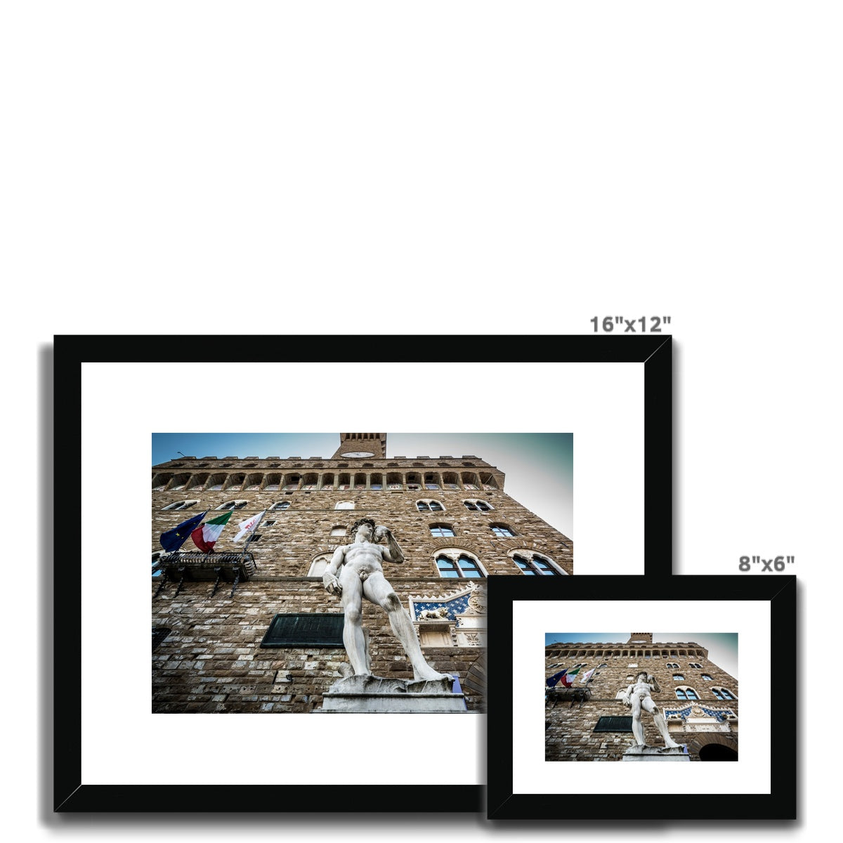 Statue of David overlooking Piazza della Signoria, with Palazzo Vecchio behind. Florence, Italy. Framed & Mounted Print