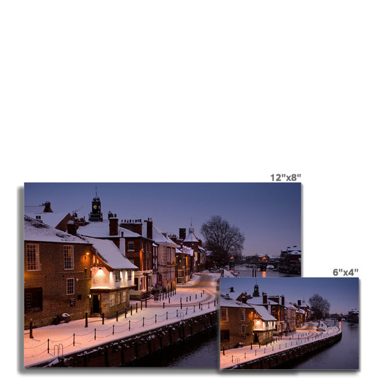 The Kings Arms pub and River Ouse in the snow at dusk, York, UK. Fine Art Print