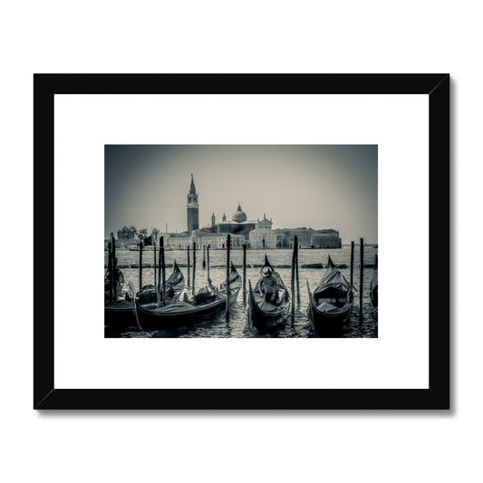 Gondolas moored in St Mark's Basin with San Giorgio Maggiore in the background. Venice, Italy. Framed & Mounted Print
