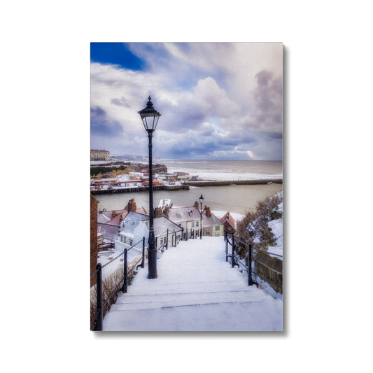 Snow covered steps leading down from St Mary's Church, Whitby, UK. Canvas