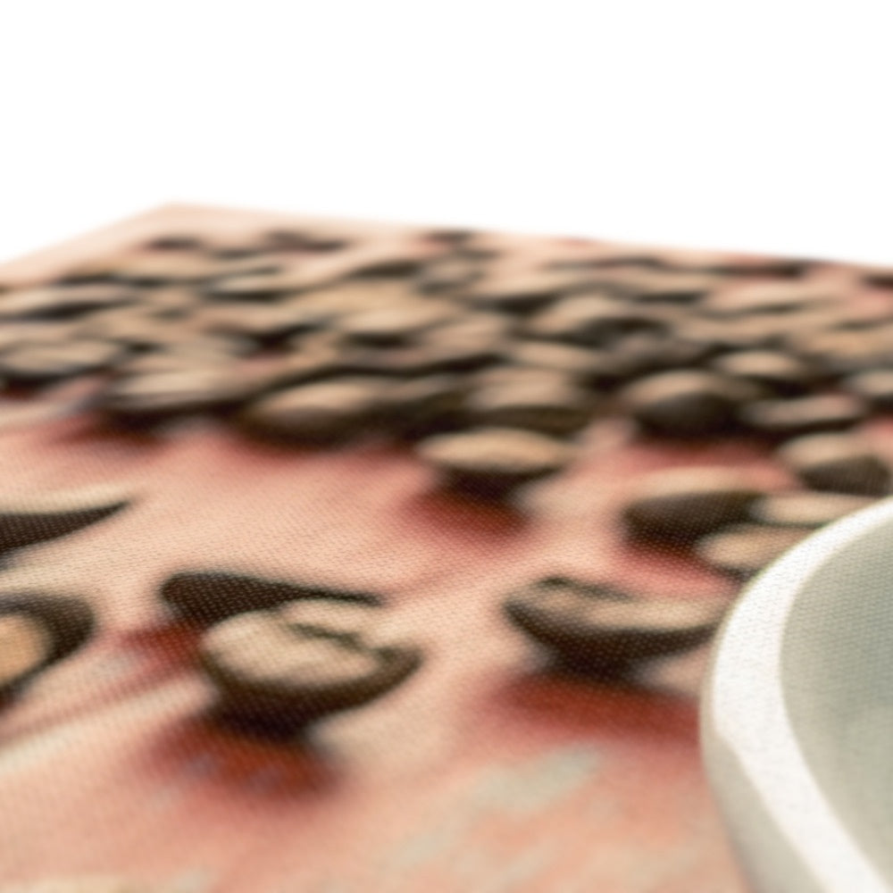 Roasted coffee beans on painted wooden board with white espresso cup and saucer Canvas