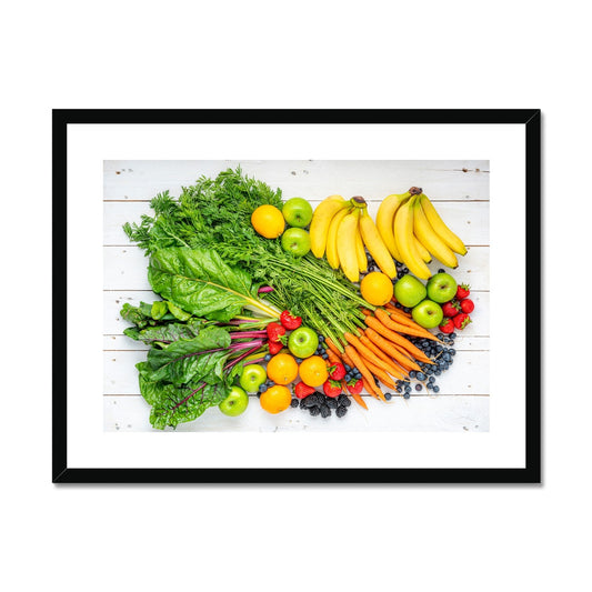 Assortment of fresh fruit and vegetables on white wooden boards. Framed & Mounted Print