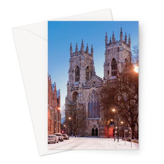 West front of York Minster and Duncombe Place in the snow, York, UK. Greeting Card