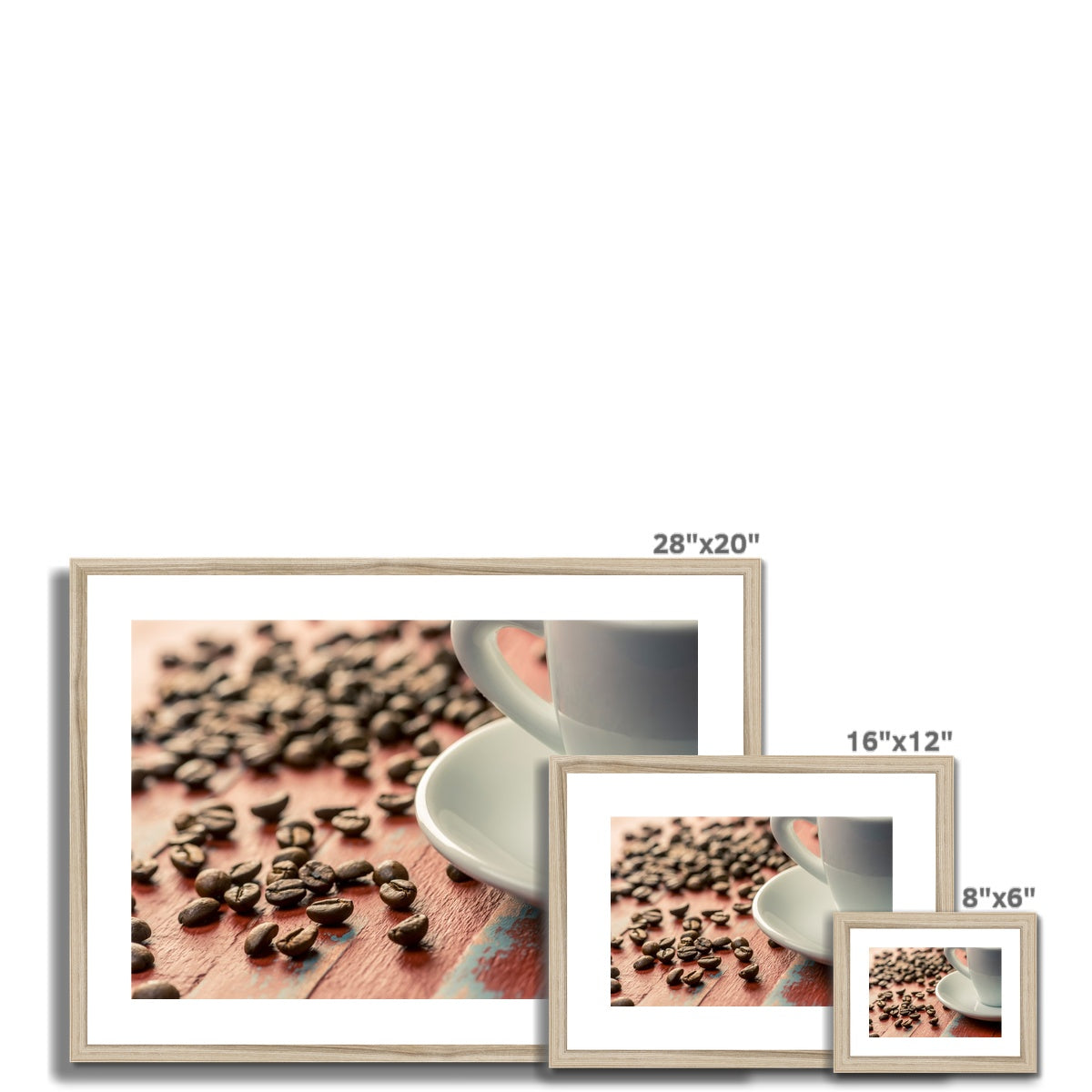 Roasted coffee beans on painted wooden board with white espresso cup and saucer Framed & Mounted Print