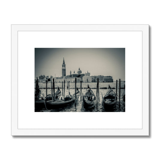 Gondolas moored in St Mark's Basin with San Giorgio Maggiore in the background. Venice, Italy. Framed & Mounted Print