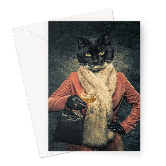 Anthropomorphic cat spilling drink from champagne coupe Greeting Card