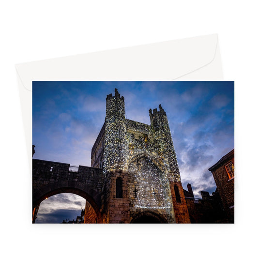 Monk Bar with illuminated Light Curtain for Christmas, York, UK. Greeting Card