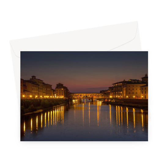 Ponte Vecchio at sunset and the river Arno. Florence, Italy. Greeting Card