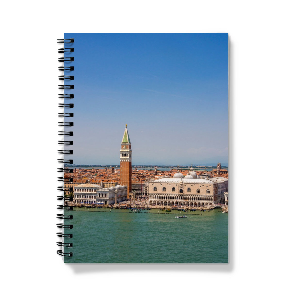 Aerial view of  Doges Palace and the bell tower of St Marks basilica, St Marks Basin, Venice. Italy. Notebook