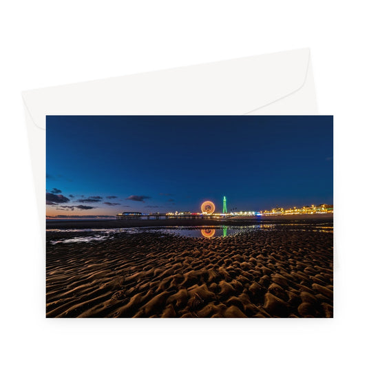 Blackpool Tower and Central Pier with reflection of illuminations Greeting Card