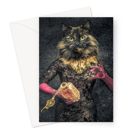 Anthropomorphic cat spilling drink from decanter Greeting Card