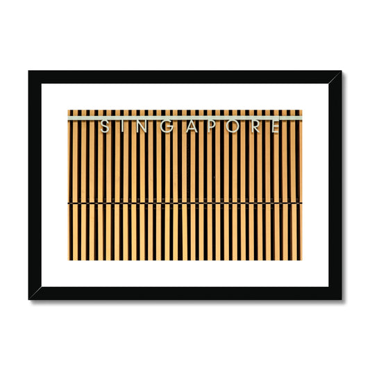 Singapore lettering on a slatted building wall. Framed & Mounted Print
