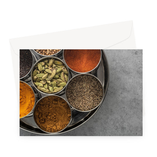 Flat lay of an spice tin (masala dabba)  Greeting Card