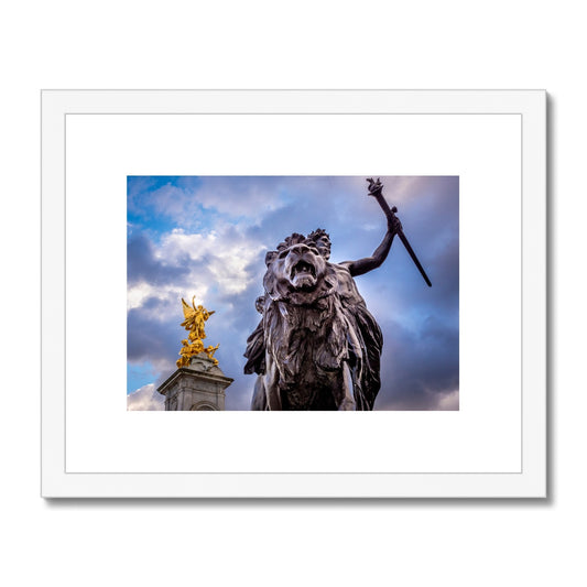 Gilded Winged Victory at the top of the Victoria Memorial and Progress bronze statue at base, London. Framed & Mounted Print