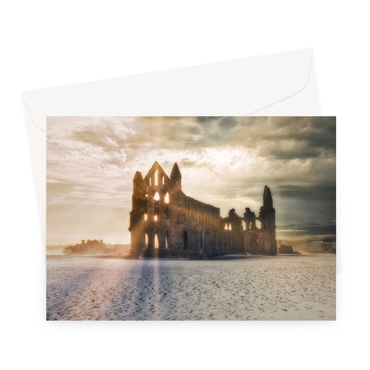 Whitby Abbey at sunset in the snow, Whitby, UK. Greeting Card