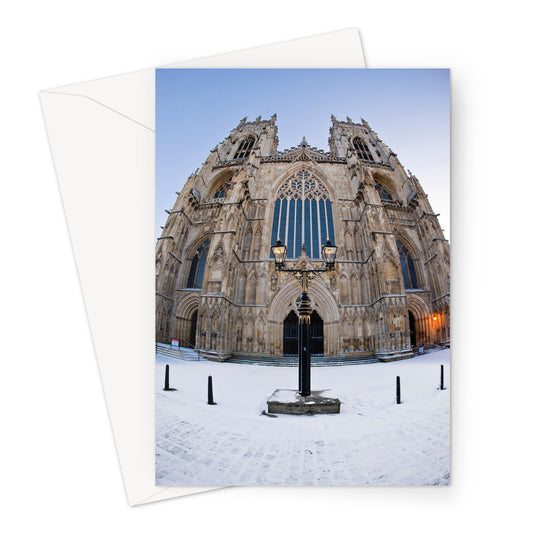 Fish eye shot of the West front of York Minster in snow Greeting Card