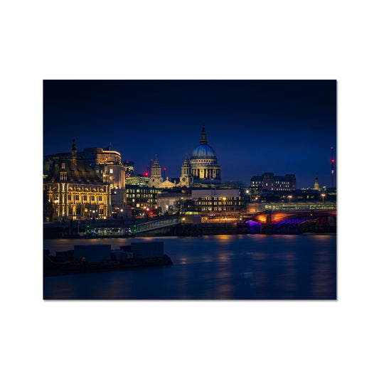 St Pauls Cathedral, Blackfriars Bridge, River Thames and London skyline at dusk. Fine Art Print