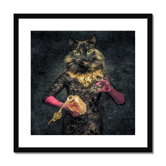 Anthropomorphic cat spilling drink from decanter Framed & Mounted Print