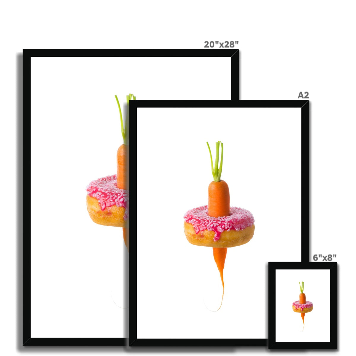 Carrot through a doughnut demonstrating healthy versus unhealthy food choices.  Framed & Mounted Print