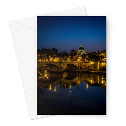 St Peter's Basilica. Ponte Vittorio Emanuele ll Vatican City at night, Rome, Italy. Greeting Card