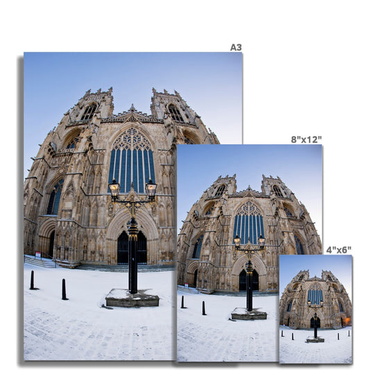 Fish eye shot of the West front of York Minster in snow Fine Art Print