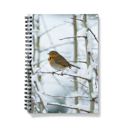 Robin perched on a snow covered tree branch Notebook
