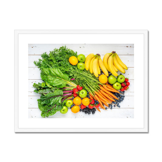 Assortment of fresh fruit and vegetables on white wooden boards. Framed & Mounted Print