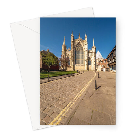 The Great East Window of York Minster seen from College Street,York. UK Greeting Card