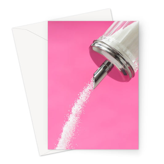 Sugar dispenser pouring against pink background Greeting Card