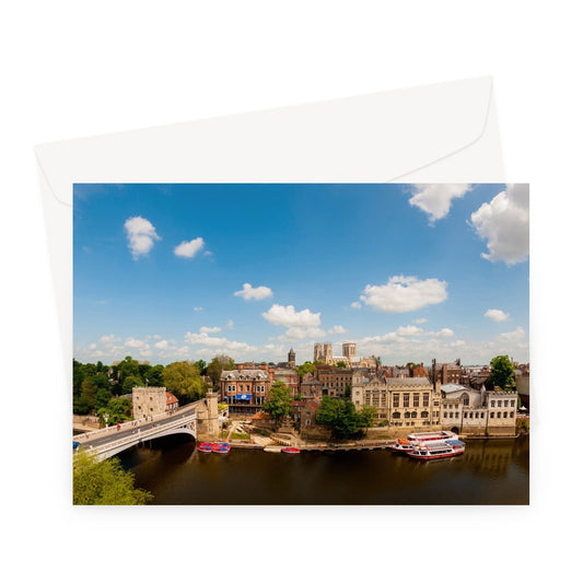 River Ouse in York with Lendal Tower, Lendal Bridge, The Guildhall and York Minster. Greeting Card