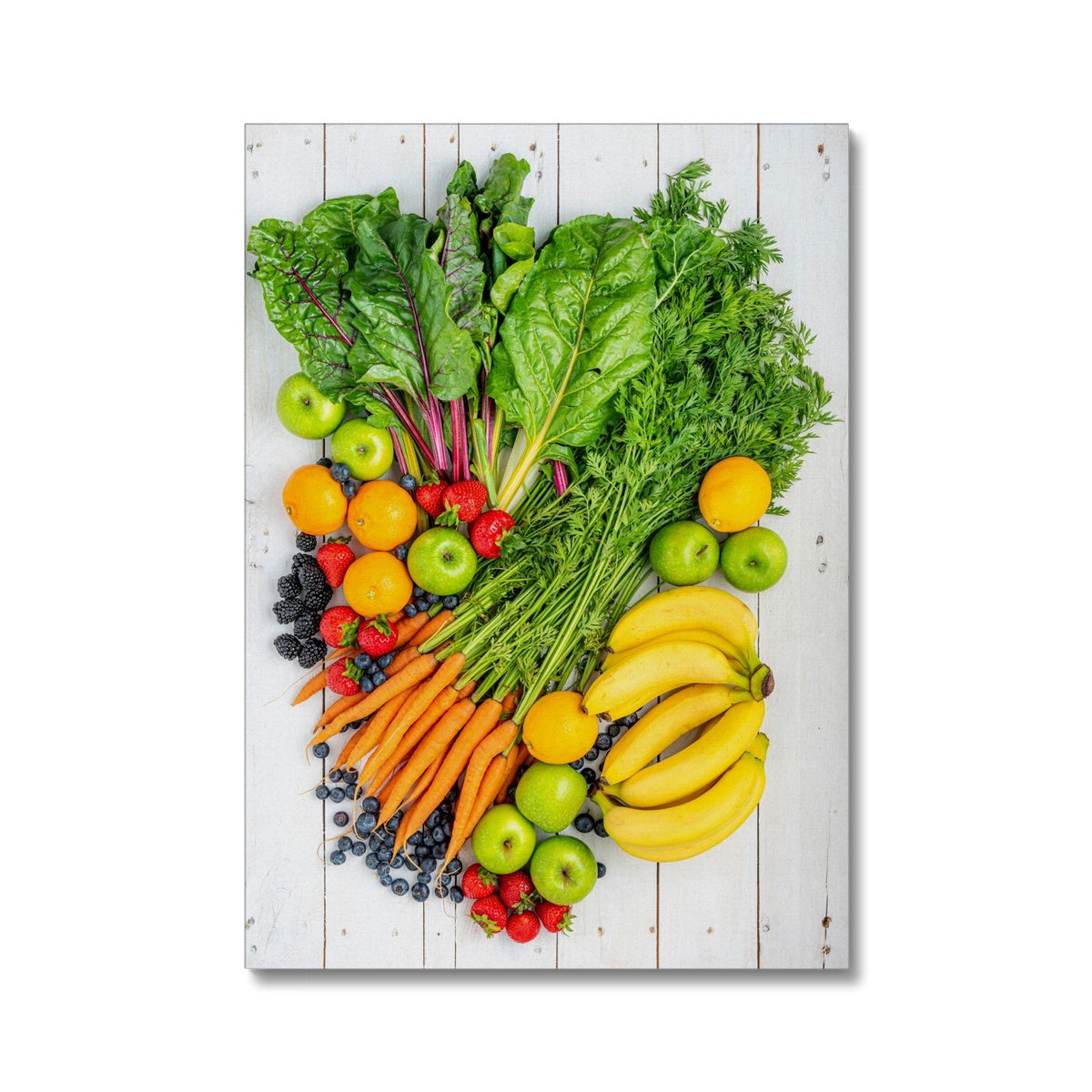 Flat lay of fresh fruit and vegetables on a modern rustic background Canvas