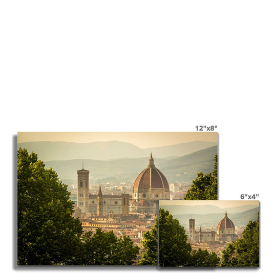 The south façade of Florence Cathedral glimpsed through the trees of San Miniato al Monte.  Italy. Fine Art Print