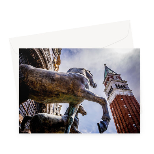 Horses of Saint Mark statues on the balcony of St Marks's basilica in Venice, Italy. Greeting Card