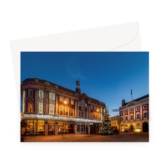 Mansion House Christmas tree and Illuminations in St Helen's Square, York. UK. Greeting Card