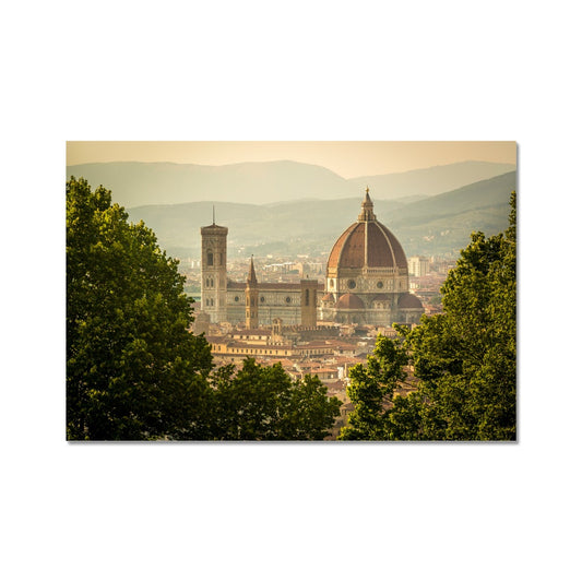 The south façade of Florence Cathedral glimpsed through the trees of San Miniato al Monte.  Italy. Fine Art Print