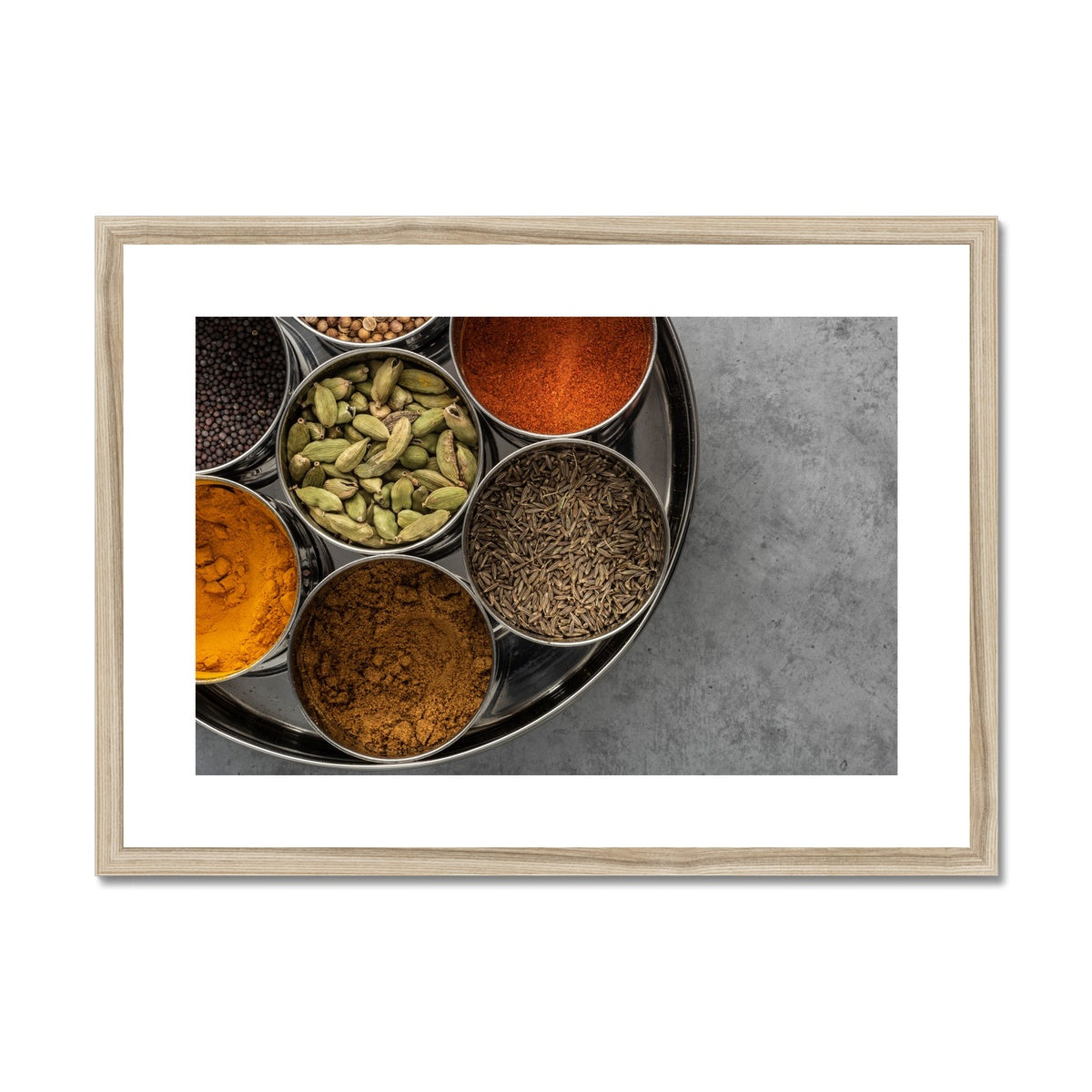 Flat lay of an spice tin (masala dabba)  Framed & Mounted Print