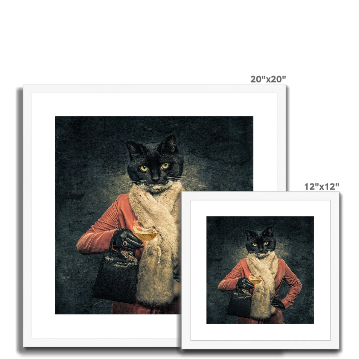 Anthropomorphic cat spilling drink from champagne coupe Framed & Mounted Print